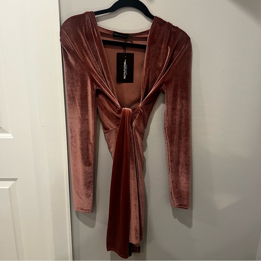 PrettyLittleThing Velvet Dress in Rust